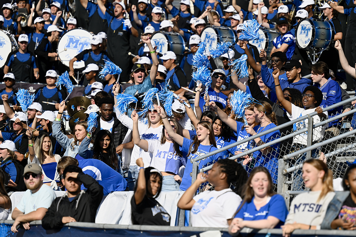 MTSU students cheer on the Blue Raiders Saturday, Oct. 15, during the annual Homecoming Game in Floyd Stadium. (MTSU photo by J. Intintoli)