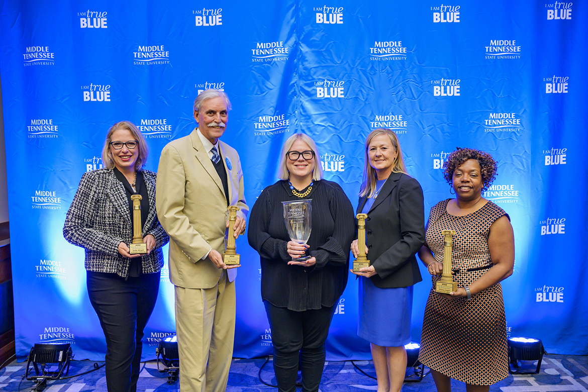 MTSU celebrated its 2022-23 Distinguished Alumni with a special ceremony Friday, Oct. 14, in the MT Center in the Ingram Building. Honorees included, from left, Jackie Morgan, Ed Arning, Katie Vance, Alanna Vaught and Elveta Cooper. Vance received the Distinguished Alumni Award; the others earned MTSU Citations of Distinction. Unable to attend were Tay Keith, the Young Alumni Award recipient, and U.S. Army Brig. Gen. Robert Powell (Citation of Distinction). (MTSU photo by Andy Heidt)