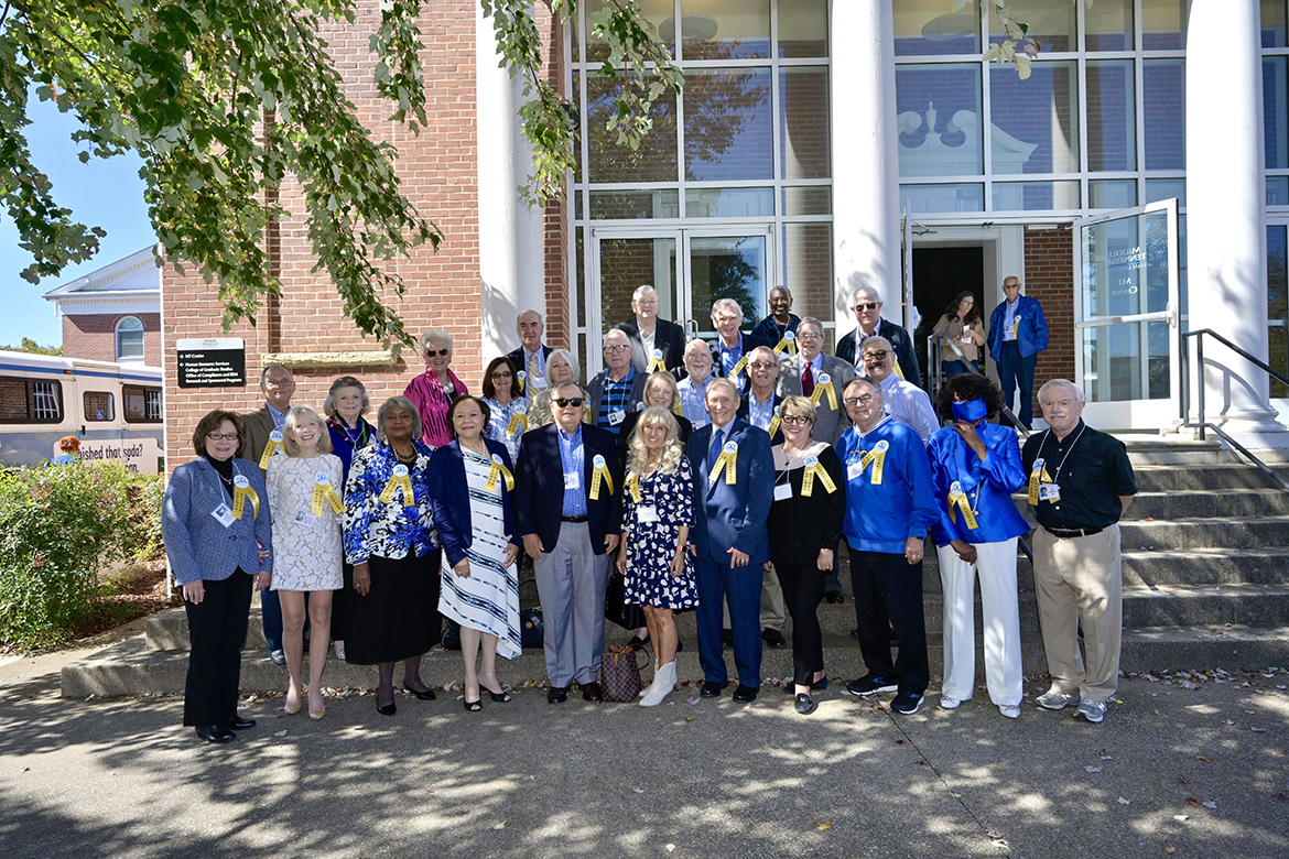 Nearly 30 Golden Raiders (Classes of 1972 and older) attended the special Friday, Oct. 14, induction ceremony that included a campus tour, lunch and receiving a commemorative pin and diploma from MTSU President Sidney A. McPhee. Most of their time was spent in the Ingram Building. (MTSU photo by Andy Heidt)