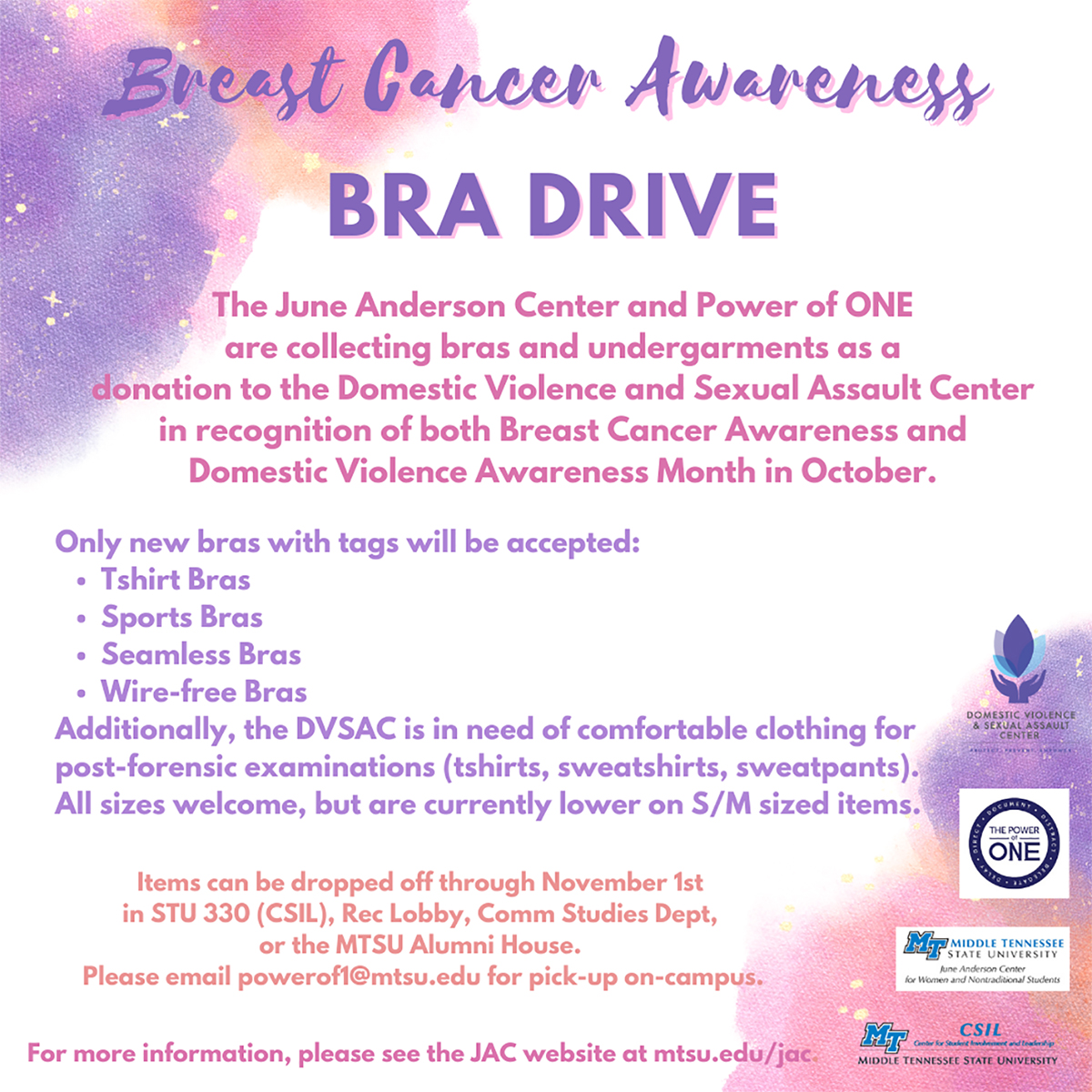 MTSU 'Bra Drive' seeks clothing donations to comfort breast cancer,  violence survivors, raise awareness – MTSU News