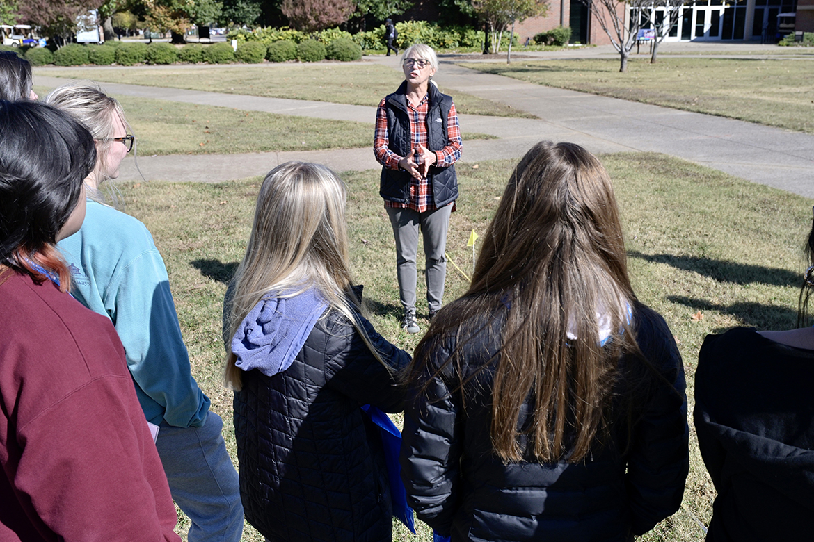 MTSU professor Zada Law, director of the Geospatial Research Center/Fullerton Laboratory for Spatial Technology, explains ground-penetrating radar, or GPR, to students from the Riverdale High School Honors College Thursday, Oct. 20, outdoors on campus. Dozens of Riverdale students explored the sciences in a first-time partnership with the College of Basic and Applied Sciences. (MTSU photo by Andy Heidt)