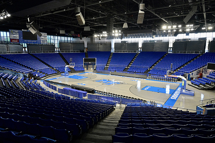 The basketball court inside MTSU’s Murphy Center boasts a new design as part of the yearlong 50th anniversary celebration of the iconic venue, known as The Glass House. (MTSU photo by Andy Heidt)