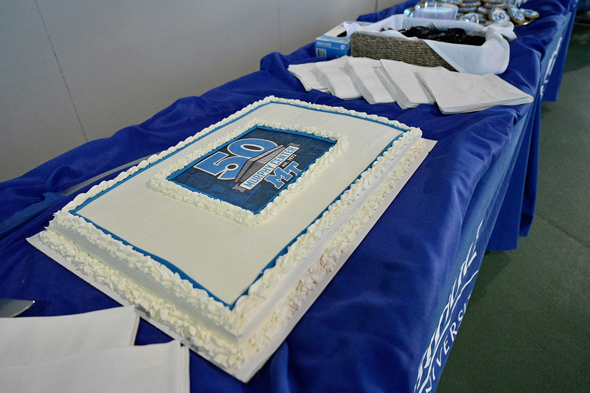 A special cake awaits guests following the kickoff event held Tuesday, Oct. 18, on the Murphy Center track concourse at Middle Tennessee State University for a yearlong celebration of the building’s 50th anniversary. (MTSU photo by Andy Heidt)