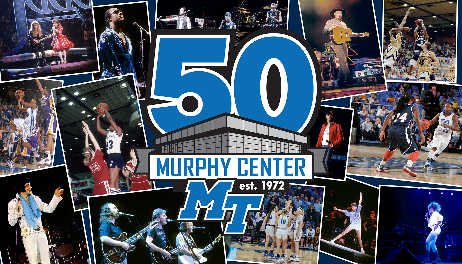 This graphic illustration shows a sampling of the many prominent concerts and athletic events over the years held at Murphy Center, which is kicking off a yearlong celebration of its 50th anniversary. (MTSU file photos)