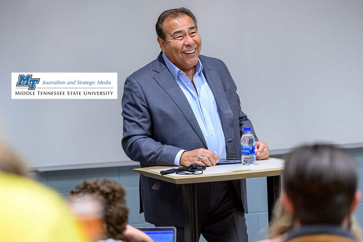 Emmy- and Peabody Award-winning ABC News co-anchor, host and correspondent John Quiñones laughs while talking with MTSU journalism students during a special Oct. 19 visit to campus. Quiñones was in town for a Tennessee Board of Regents diversity conference and asked to speak briefly with and answer questions from students in the School of Journalism and Strategic Media. (MTSU photo by J. Intintoli)