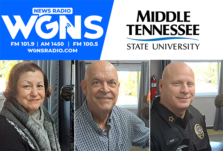 MTSU faculty and staff appeared on WGNS Radio’s Oct. 17 “Action Line” program with host Scott Walker. Guests included, from left in order of appearance, Dr. Pam Ertel, associate professor in the MTSU College of Education; Dr. Kelly Strong, director of the MTSU School of Concrete and Construction Management; and MTSU Police Chief Edwin “Ed” Kaup. (MTSU photo illustration by Jimmy Hart)