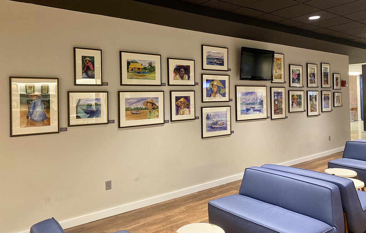 A partial sampling of watercolor artwork by Chuck Creasy of Gallatin, Tenn. His work and that of David Wright of Gallatin will be on display in the MTSU Keathley University Center second-floor lobby until the end of the semester. (MTSU photo by Chris Rochelle)