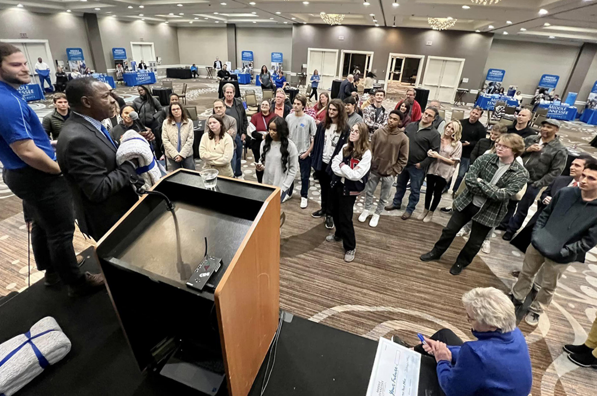 portion of the program Nov. 16 at the MTSU True Blue Tour event in Atlanta, Ga., held at The Westin Perimeter NE. Atlanta-area students interested in Aerospace pro pilot, Recording Industry, Audio Production and more attended the event. (MTSU photo by Andrew Oppmann)