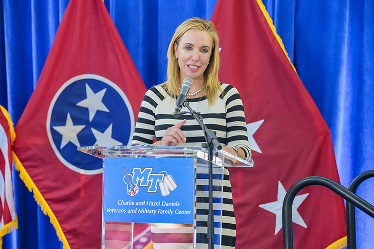 Hilary Miller, director of MTSU’s Charlie and Hazel Daniels Veterans and Military Family Center, gives closing remarks at the Faculty/Staff Stole Ceremony held Nov. 9 at the Miller Education Center. (MTSU photo by Andy Heidt)