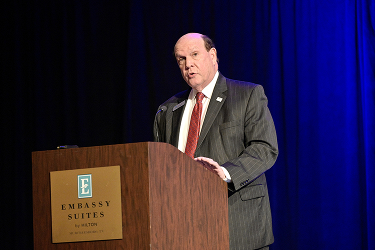 David Urban, dean of the Jennings A. Jones College of Business at Middle Tennessee State University, gives welcoming remarks Friday, Oct. 28, at Embassy Suites in Murfreesboro as part of MTSU’s 2022 Leadership Summit: Innovative Leadership. (MTSU photo by Andy Heidt)