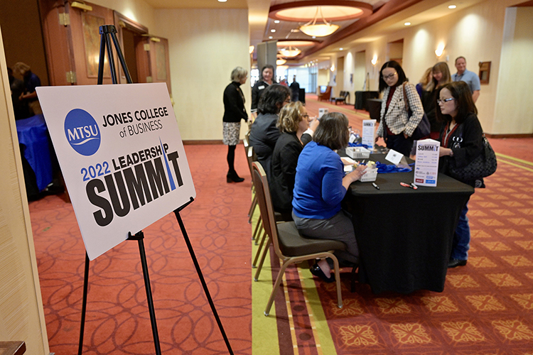 Attendees check in Friday, Oct. 28, at Embassy Suites in Murfreesboro for MTSU’s 2022 Leadership Summit: Innovative Leadership hosted by the Jennings A. Jones College of Business. (MTSU photo by Andy Heidt)