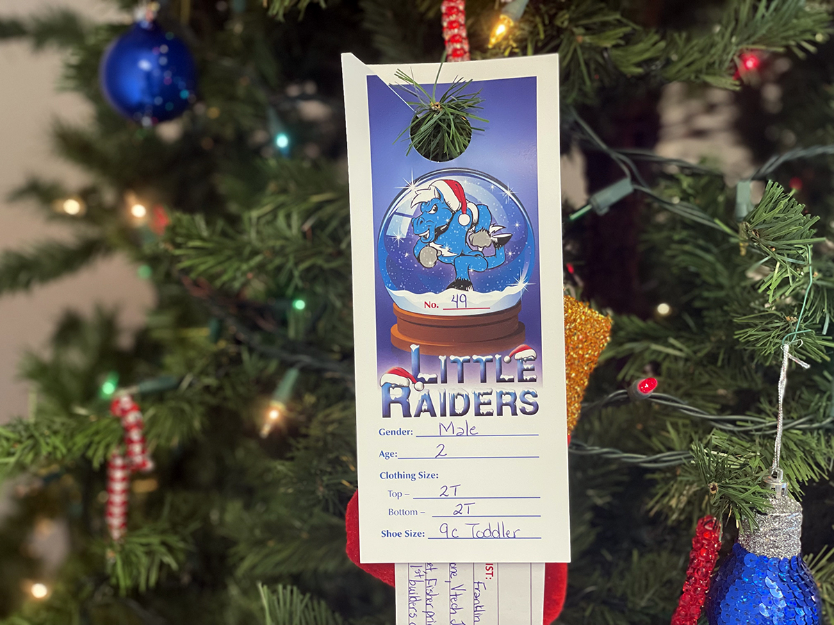 This Little Raiders ornament is among those hanging on three trees across campus supporting the Little Raiders gift-giving campaign. Secret Santas can pick an ornament to "adopt" a local child's Christmas wish list. (MTSU file photo by DeAnn Hays)