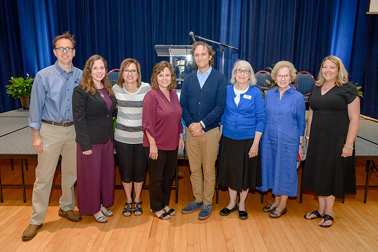 Julie Myatt, second from left, director of Middle Tennessee State University’s MT Engage program, and key program advocates attend an event at the James Union Building in September 2022 to celebrate the contributions of MT Engage faculty to the Quarterly Enhancement Plan and the university’s decision to make MT Engage permanent. Pictured, from left, are Dr. Scott McDaniel, University College; Myatt; Dr. Michelle Boyer-Pennington, Psychology Department; Dr. Dianna Rust, University College; Jason Vance, Walker Library; Dr. Mary Hoffschwelle, Provost’s Office; Faye Johnson, Faculty Emerita from Provost’s Office; and Alexis Denton, MT Engage Office. (MTSU photo by James Cessna)