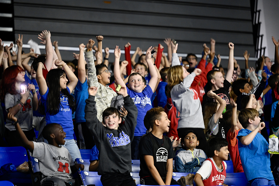One of nearly two dozen Rutherford County Schools attending the MTSU Education Day game in Murphy Center on Monday, Nov. 7, students from McFadden School of Excellence cheer on the Blue Raiders in their victory against visiting Brescia University. (MTSU photo by J. Intintoli)
