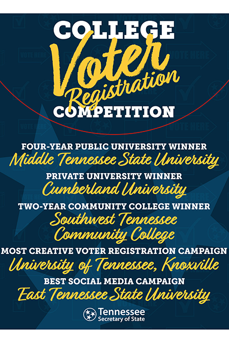 Middle Tennessee State University earned its second win as the top four-year, public university in Secretary of State Tre Hargett’s College Voter Registration Competition. (Graphic courtesy of Secretary of State’s office)