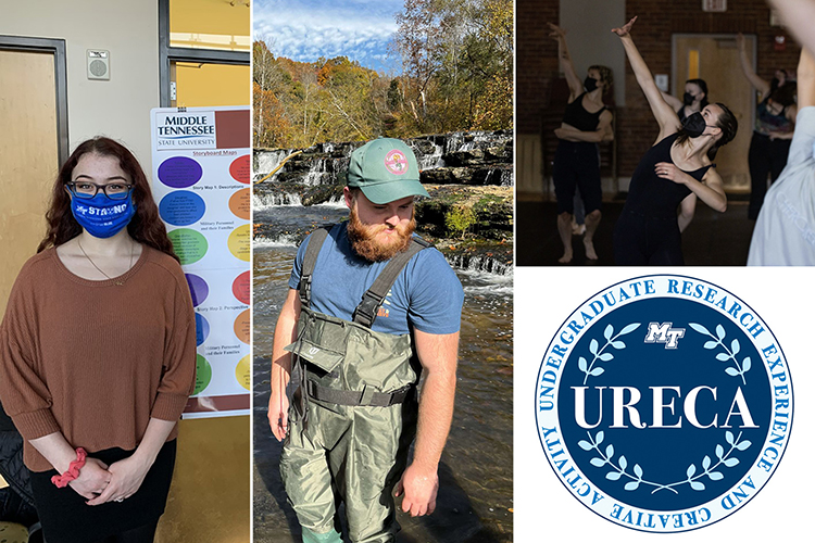 Middle Tennessee State University undergraduates Charlotte Daigle, left, Dalton Lewis, center, and Avery Biddle used the university’s Undergraduate Research Experience and Creative Activity, or URECA, grant to turn their passions — ranging from writing to dance to the environment — into projects with university funds and a faculty mentor. (MTSU graphic illustration by Stephanie Wagner)