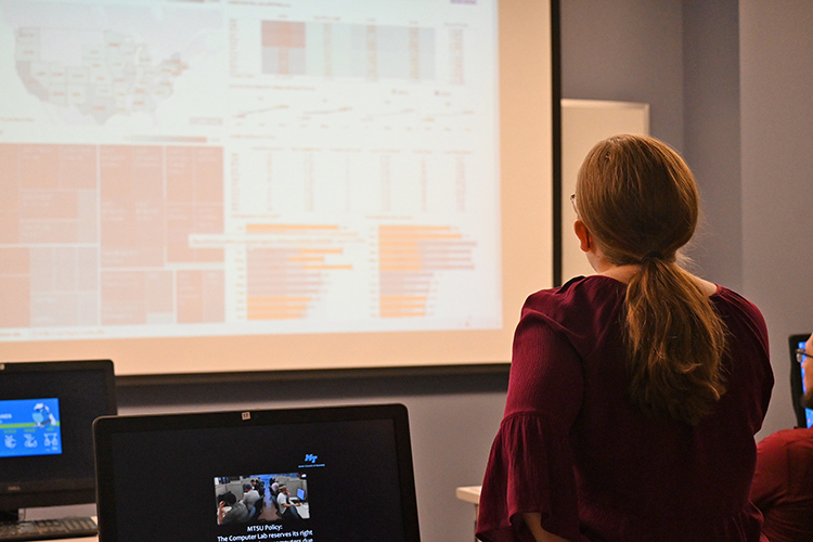 MTSU information system and analytics professor Stephane Totty reviews a digital dashboard created by one of her graduate students in her Applied Business Analytics class inside the Business and Aerospace Building earlier in the semester. (MTSU photo by Jimmy Hart)