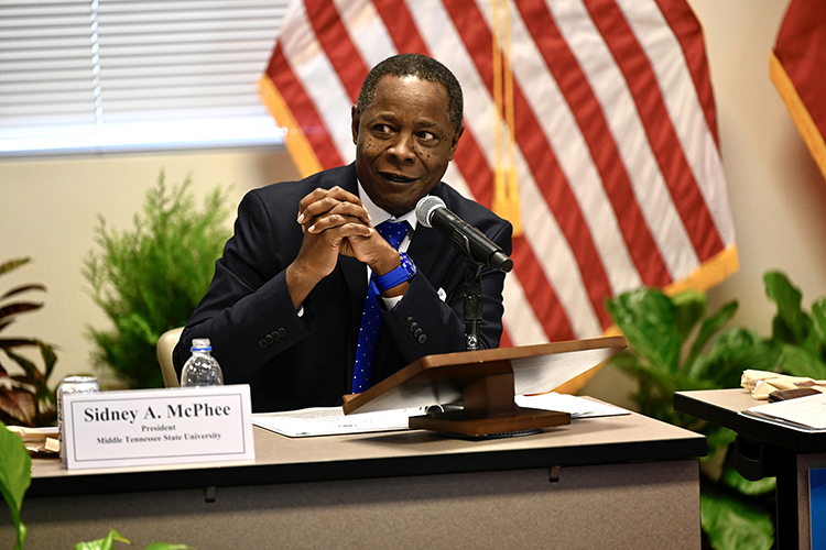 Middle Tennessee State University President Sidney A. McPhee makes a point during the MTSU Board of Trustees quarterly meeting held Tuesday, Dec. 13, in the Miller Education Center. (MTSU photo by J. Intintoli)