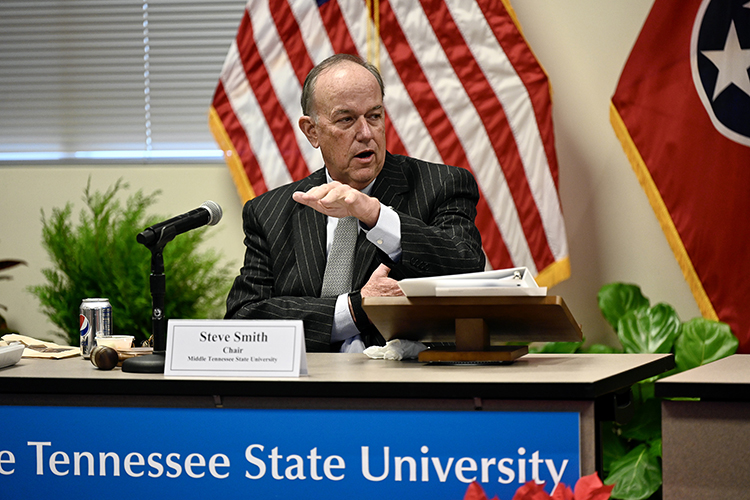 Stephen B. Smith, chairman of the Middle Tennessee State University Board of Trustees, makes a point during the board’s quarterly meeting held Tuesday, Dec. 13, in the Miller Education Center. (MTSU photo by J. Intintoli)