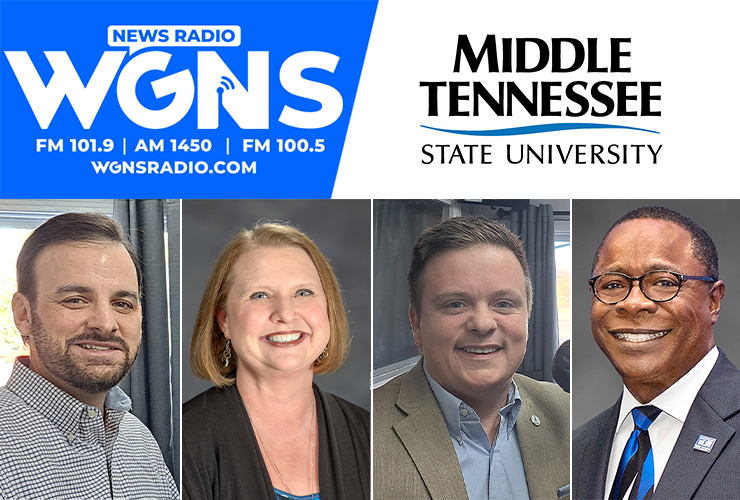MTSU faculty and staff appeared on WGNS Radio’s Nov. 21 “Action Line” program with host Scott Walker. Guests included, from left in order of appearance, Dr. Matthew Taylor, assistant professor in the MTSU School of Journalism and Strategic Media; Dr. Amy Atchison, professor and new chair of the Department of Political Science and International Relations; and Dr. Jamie Teachenor, adjunct songwriting professor in the Department of Recording Industry. MTSU President Sidney A. McPhee appeared on the Dec. 1 WGNS “Action Line” program with host Bill Kraus. (MTSU photo illustration by Jimmy Hart)