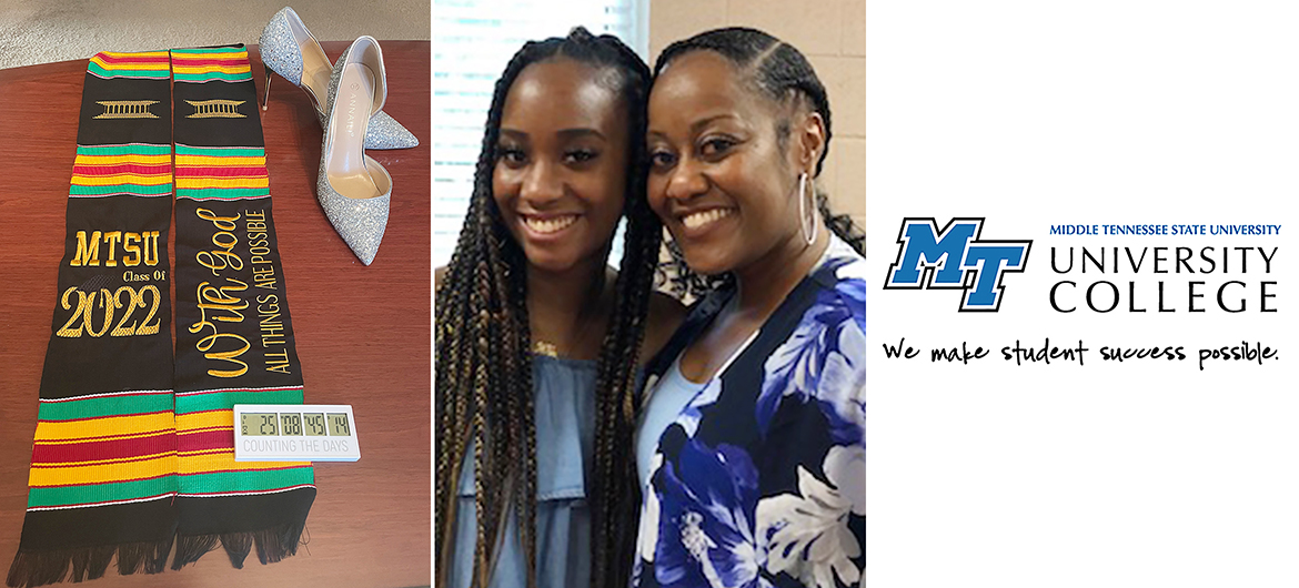 MTSU graduating senior Michelle Zeigler, center right, of Antioch, Tenn., poses with her daughter, McKensey, who will graduate from a Memphis university four days later. At left are the stole and silver shoes Zeigler, 46, plans to wear at the Dec. 10 Fall Commencement Ceremony to receive the Bachelor of Integrated Studies degree she earned by enrolling in MTSU's University College after pausing her academic pursuits in the early '90s. (Submitted photos)
