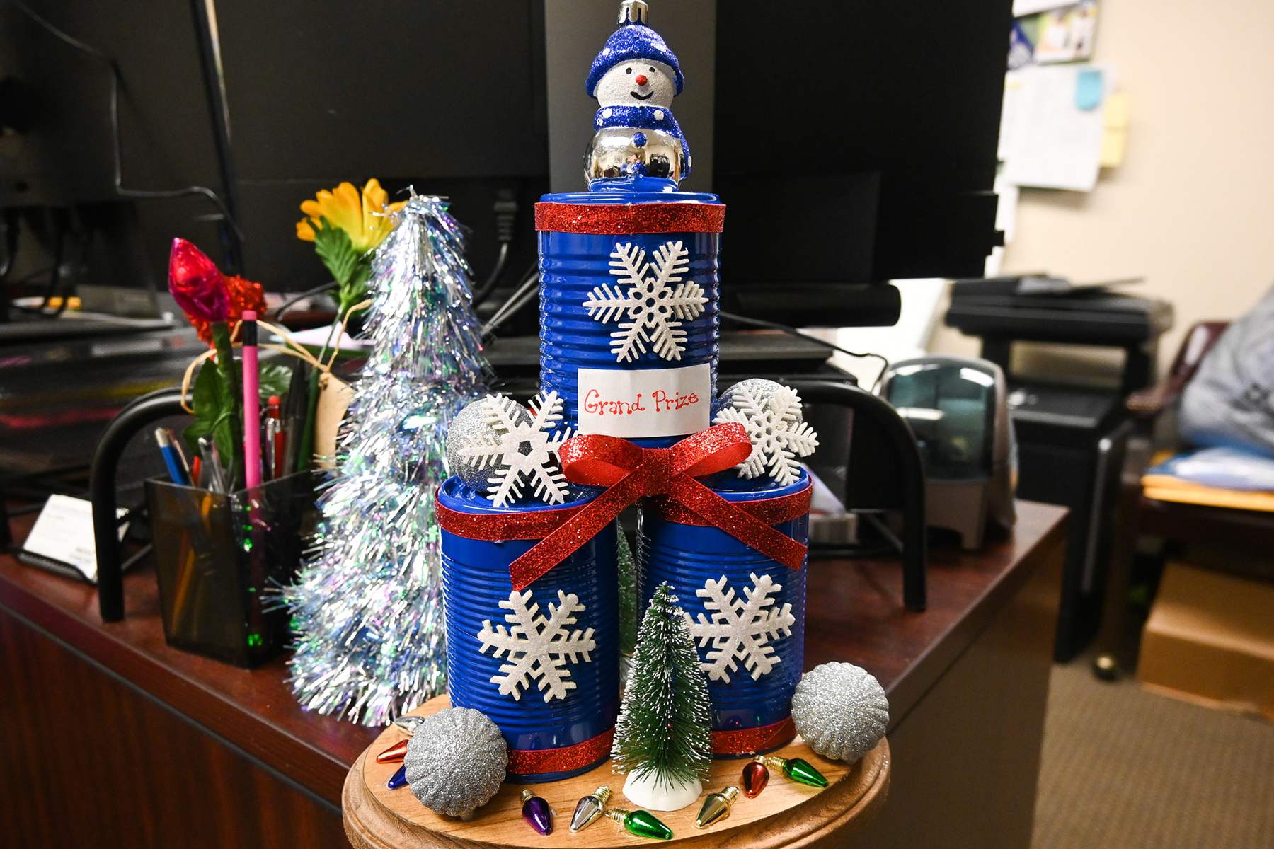 Staff at Middle Tennessee State University’s Health and Human Performance department created a True Blue-style trophy awarded to the winner of the department’s holiday door décor competition that wrapped up on Thursday, Dec. 1, 2022. (MTSU photo by Stephanie Wagner)