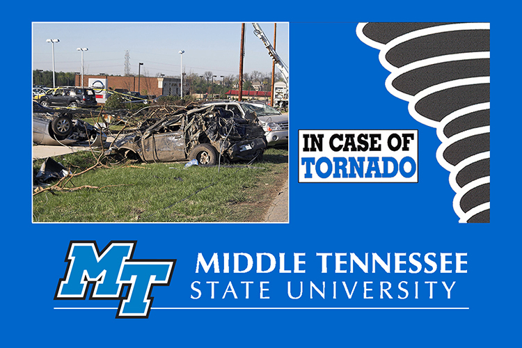 Promo including an April 2006 Adobe Stock Photo of damaged vehicles and downed power lines strewn along Nashville Pike in Gallatin, Tenn., in front of a Nissan dealership in the wake of a deadly tornado outbreak that ultimately killed 10 people, including seven in Gallatin, and injured hundreds more across the Midstate, plus a stylized tornado graphic on an MTSU blue background with a text box reading 