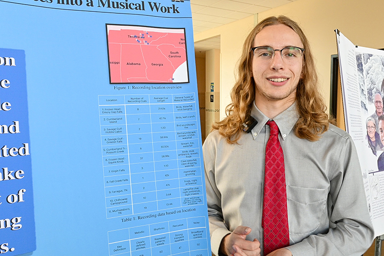 Garrett Tonos, senior recording industry student at Middle Tennessee State University, presents his project about creating music with the sounds of nature at the Undergraduate Research Center’s open house event on Nov. 3, 2022, at the Science Building on campus. (MTSU photo by Stephanie Wagner)