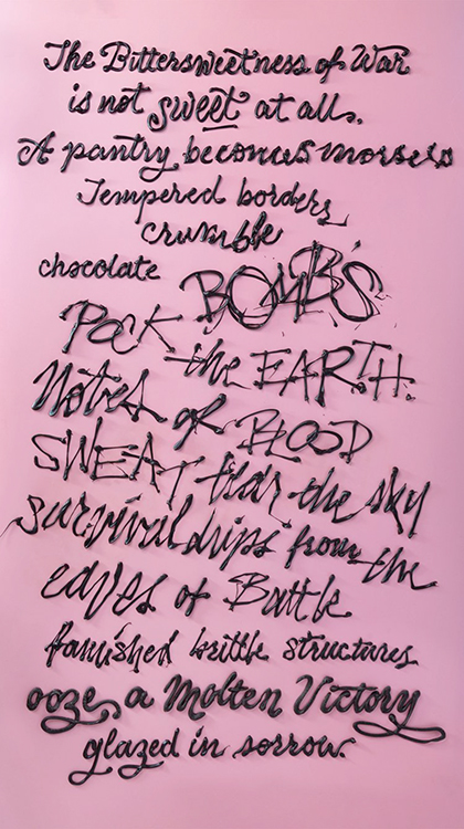 Multidisciplinary visual artist Danielle Duncan Evans' "The Bittersweetness of War" creation, uses her pioneering "food typography" technique to create a metaphorical commentary on war with tempered chocolate. Written during the Russian invasion of Ukraine in early 2022 to raise funds for refugees, the 4-by-3-foot poem reads, "The Bittersweetness of War is not sweet at all. A pantry becomes morsels/ Tempered borders crumble/ Chocolate bombs pock the Earth./ Notes of Blood Sweat tear the sky/ survival drips from the edges of Battle/ famished brittle structures ooze a Molten Victory glazed in sorrow." Work by Evans will be on display Jan. 23-Feb. 7 at Middle Tennessee State University’s Todd Art Gallery in a new exhibit, "Entrée Reality: Between Worlds.” She also will present a free public Q&A session on Monday, Jan. 23, at 5 p.m. in the gallery inside Todd Hall in the central part of the Murfreesboro campus.