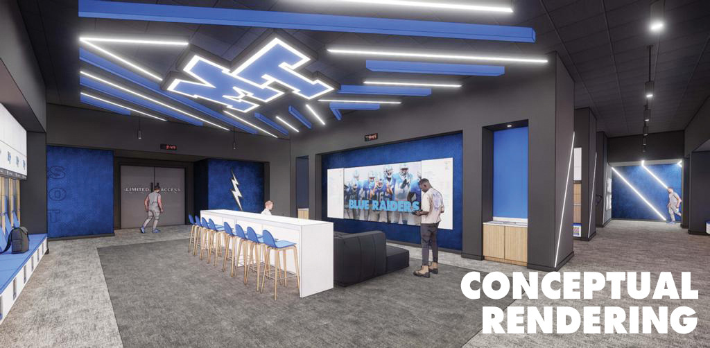 This conceptual rendering shows the locker room in the new Student-Athlete Performance Center that broke ground Thursday, Jan. 26, outside Floyd Stadium at Middle Tennessee State University. (Courtesy of MTSU Athletics Communications)