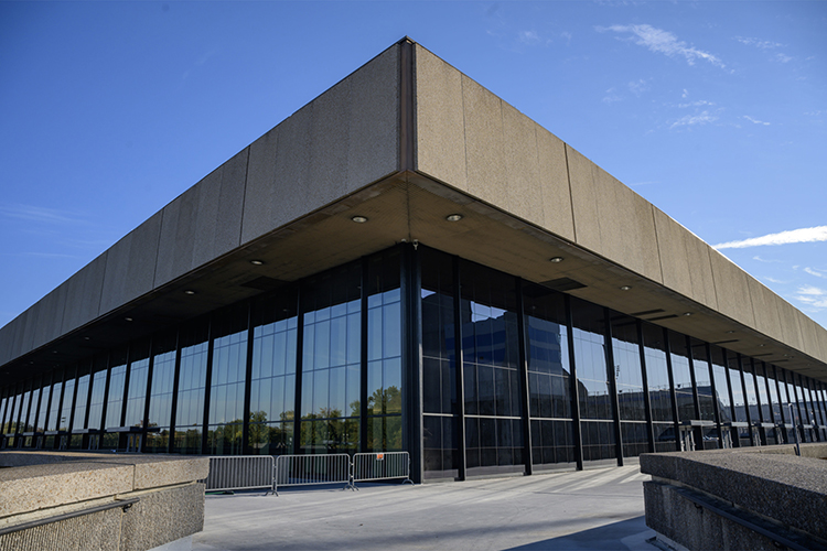 This view of the east side of Murphy Center at Middle Tennessee State University shows the numerous panels of SageGlass smart windows that were installed to reduce the glare and heat inside the facility by automatically tinting and clearing in response to the sun. (MTSU photo)