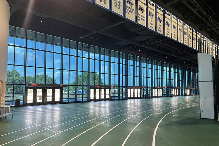 This fall 2022 interior shot of the Murphy Center's track level on the Middle Tennessee State University campus shows the newly installed smart windows by SageGlass that allows the university to mitigate the glare and heat issues that stem from the facility's unique design. (MTSU photo)