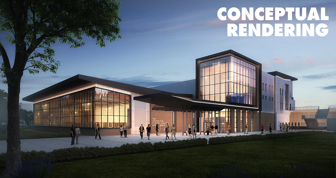 This conceptual rendering shows a night view of exterior of the new Student-Athlete Performance Center that broke ground Thursday, Jan. 26, outside Floyd Stadium at Middle Tennessee State University. (Courtesy of MTSU Athletics Communications)