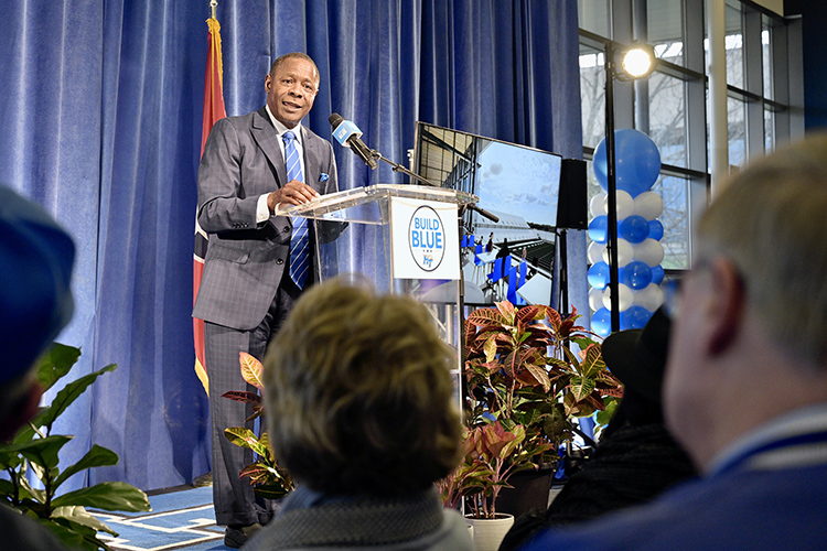 Middle Tennessee State University President Sidney A. McPhee addresses attendees inside the Kennon Sports Hall of Fame during the Thursday, Jan. 26, groundbreaking ceremony for the new $66 million Student-Athlete Performance Center that will connect to the north end of Floyd Stadium. (MTSU photo by Andy Heidt)