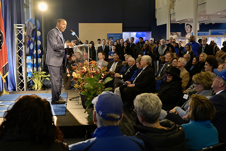 Middle Tennessee State University President Sidney A. McPhee addresses a capacity crowd inside the Kennon Sports Hall of Fame during the Thursday, Jan. 26, groundbreaking ceremony for the new $66 million Student-Athlete Performance Center that will connect to the north end of Floyd Stadium. (MTSU photo by Andy Heidt)