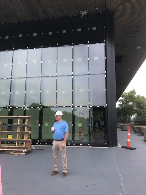 In this fall 2022 photo, the last panel of SageGlass smart windows is awaiting to be installed at Murphy Center on the Middle Tennessee State University campus, part of multimillion-dollar upgrade that involved 33,000 glass panels, the largest such installation on a higher education campus in the U.S. (Submitted photo)