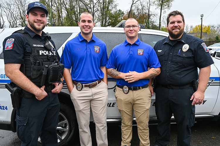 Lt. Jacob Wagner of Middle Tennessee State University’s Police Department, far right, helps coordinate the department’s training program and poses here with some of its newest recruits, from left, Officers Andrew Bradham, Tristan Slater, Lealand Wood and Lt. Wagner. (MTSU photo by Stephanie Wagner)