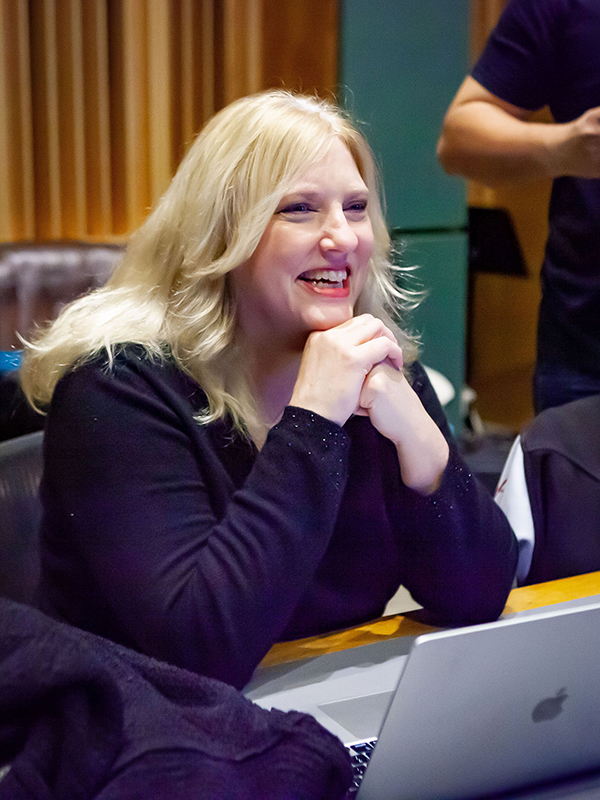 MTSU College of Media and Entertainment Dean Beverly Keel enjoys a lighthearted moment Saturday, Feb. 18, 2023, at a special recording session she arranged for Nashville gospel artist Brenda Ivey Robertson at Middle Tennessee State University in Murfreesboro, Tenn. (MTSU photo by Tom Beckwith)