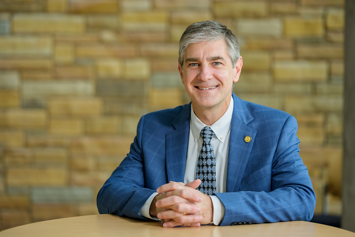 Greg Van Patten, dean for the College of Basic and Applied Sciences, leads more than 4,400 students, 400 faculty and dozens of programs. He poses for a portrait in the Science Building’s Liz and Creighton Rhea Atrium. (MTSU file photo by Andy Heidt)