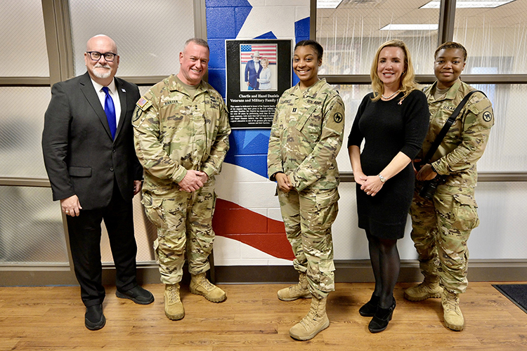 Army Reserve Maj. Gen. Bob D. Harter, second from left, is shown outside the Charlie and Hazel Daniels Veterans and Military Family Center inside Keathley University Center, one of his stops Wednesday, Feb. 15, during a visit to the campus when he spoke with MTSU representatives, ROTC cadets and Army Reserve ambassadors. It marked Harter’s first visit to a higher education campus since assuming his role. (MTSU photo by Andy Heidt) (MTSU photo by Andy Heidt)