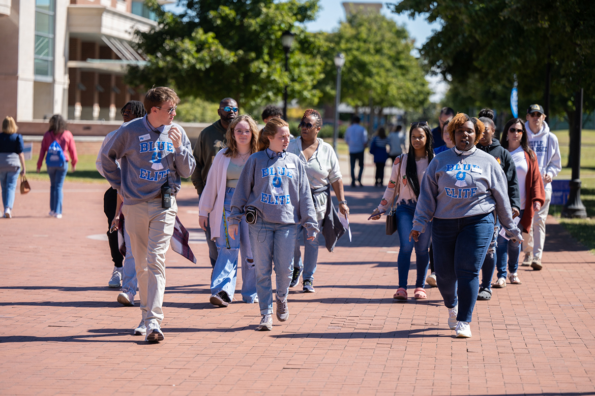 Middle Tennessee State University Blue Elite members lead a group of prospective students and their families around campus during the first True Blue Preview visit day in fall 2022. Hundreds of students and family members will be coming for Feb. 11 and March 25 True Blue Preview events. (MTSU file photo by James Cessna)