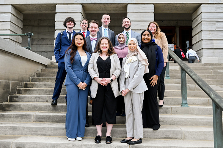 Middle Tennessee State University undergraduate student researchers and staff attended the Posters at the Capitol event held at the state Capitol in Nashville, Tenn., on Wednesday, Feb. 15, 2023, to present their STEM (science, technology, engineering and math) research to state representatives, their peers and others. Standing in the back row, from left, are Jonathan Duke, Isaiah Osborn, Hunter Brady, Jesse Scobee and Jamie Burriss, undergraduate research advisor and coordinator; standing in the middle row, from left, are Matthew Johnson, Marzea Akter and Emaa Elrayah; and standing in the front row, from left, are Lindsey Tran, Lacon Parton and Janna Abou- Rahma. (MTSU photo by Stephanie Wagner)