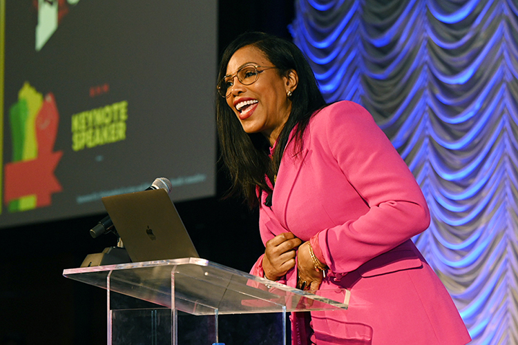 Author and educator Ilyasah Shabazz smiles as she gives the keynote address Monday, Feb. 27, in the Student Union’s ballroom to conclude Middle Tennessee State University’s 2023 Black History Month activities. (MTSU photo by James Cessna)
