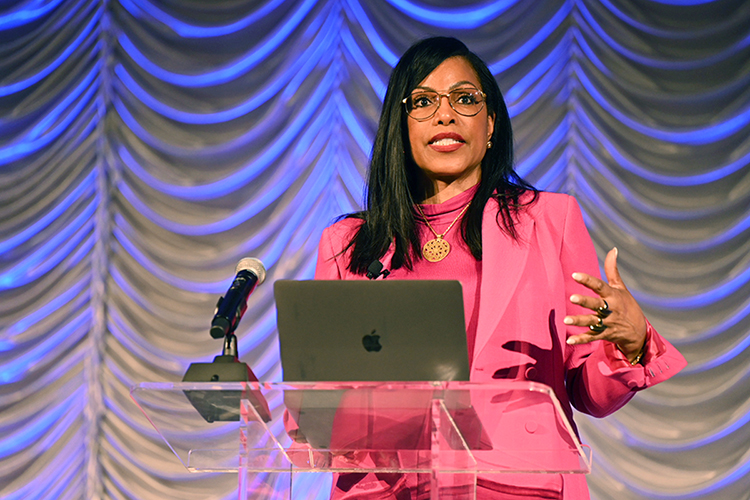 Author and educator Ilyasah Shabazz makes a point as she gives the keynote address Monday, Feb. 27, in the Student Union’s ballroom to conclude Middle Tennessee State University’s 2023 Black History Month activities. (MTSU photo by James Cessna)