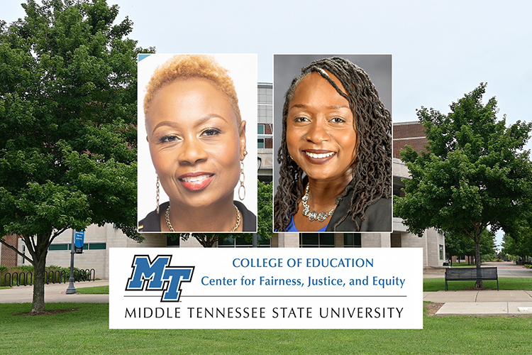 The Center for Fairness, Justice and Equity at Middle Tennessee State University welcomes Tameka Ellington, left, motivational speaker, educator and professional development strategist, to campus for two guest lecture events on Tuesday, Feb. 21, 2023, and Wednesday, Feb. 22, 2023, at the College of Education building and open to all students, faculty and staff. (MTSU graphic by Stephanie Wagner)