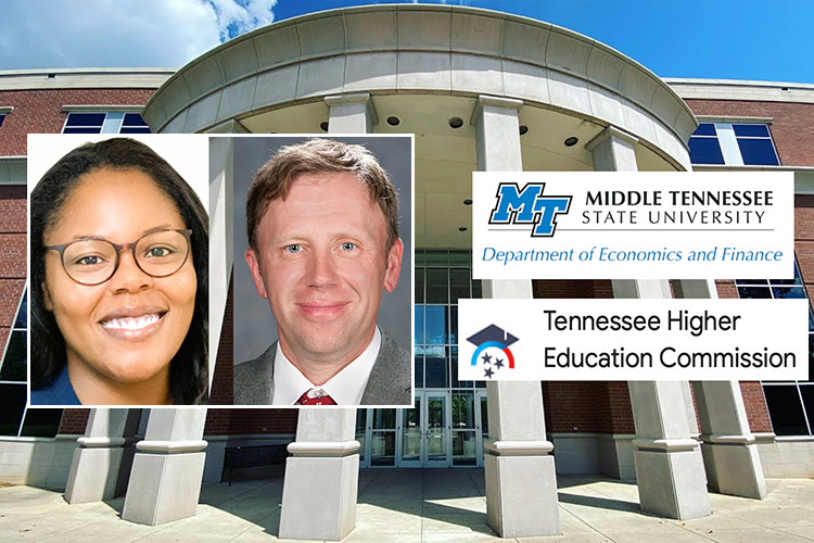 Yolunda Nabors, Middle Tennessee State University Ph.D. economics student, left, recently learned her final year of tuition would be fully covered thanks to being named the university’s first Tennessee Doctoral Scholar as part of a Tennessee Higher Education Commission program. Nabors studies under program director Adam Rennhoff, right. (MTSU graphic illustration by Stephanie Wagner)