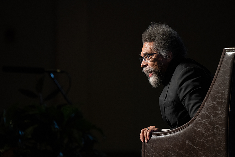 Author and philosopher Cornel West makes a point during the fourth “State of the African American Union” address held Friday, Feb. 24, in the Tennessee Room of the James Union Building at Middle Tennessee State University in Murfreesboro, Tenn. The event was part of the university’s Black History Month celebration. (MTSU photo by Cat Curtis Murphy)