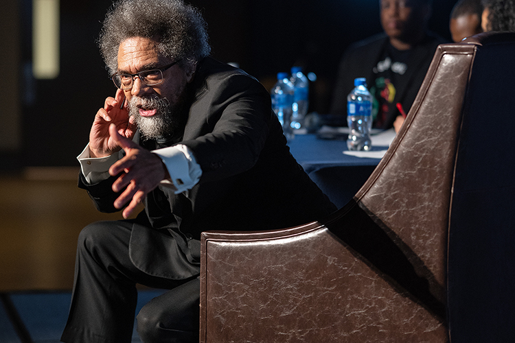 Author and philosopher Cornel West makes a point during the fourth “State of the African American Union” address held Friday, Feb. 24, in the Tennessee Room of the James Union Building at Middle Tennessee State University in Murfreesboro, Tenn. (MTSU photo by Cat Curtis Murphy)