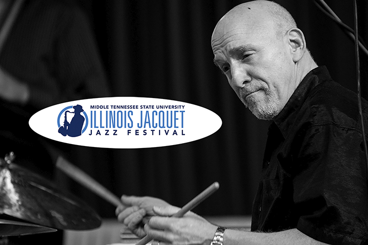 Celebrated jazz drummer and educator Adam Nussbaum, headliner for Middle Tennessee State University’s annual Illinois Jacquet Jazz Festival, set Saturday, April 1, is shown in this undated publicity photo with the festival logo. (photo courtesy AdamNussbaum.net)