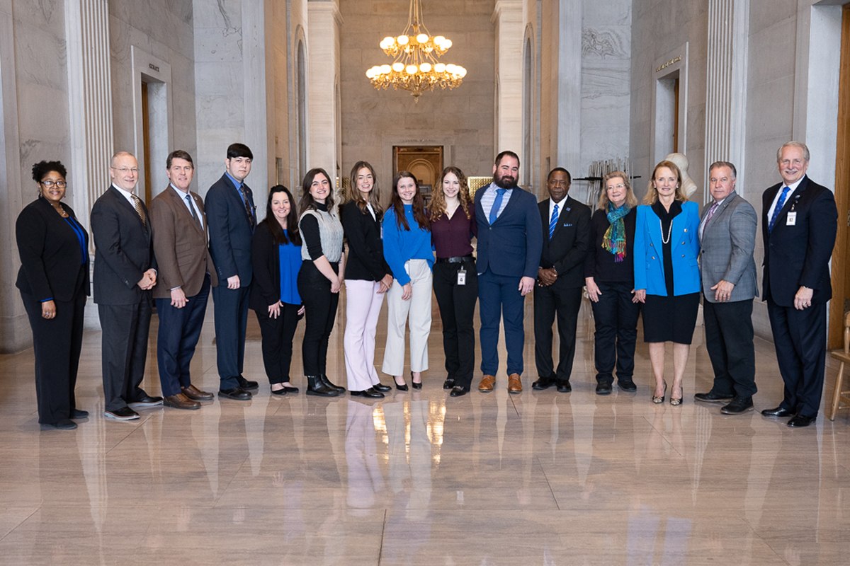 MTSU students participating in this spring's Tennessee Legislative Internship Program with the Tennessee General Assembly gather with university leaders and Rutherford County's legislative delegation for a photo Feb. 21 during the university's annual "Day on the Hill" at the state Capitol in Nashville. The event honors the students and the legislators they work full-time for during each session of the general assembly. MTSU President Sidney A. McPhee is shown fifth from right in the photo, next to Lisa Langenbach, a professor in the Department of Political Science and International Relations and coordinator for student internships, including the TLIP, and College of Liberal Arts Dean Leah Tolbert Lyons is shown at left. (MTSU photo by James Cessna)